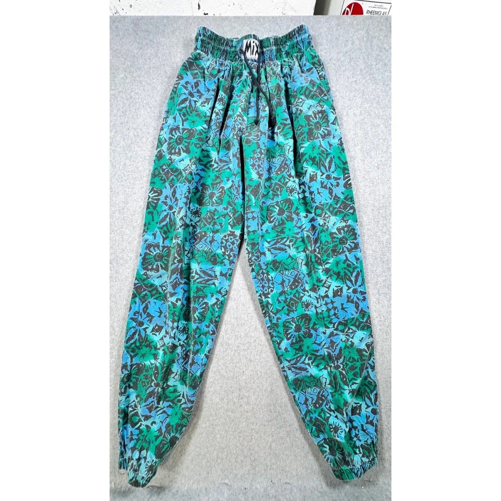 Vintage Mix Activewear Mens Floral Print Joggers Blue Teal Cotton Made in USA M